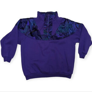 Vintage Lady Foot Locker Purple Silky Satin Accent 1/4 Zip Up Sweatshirt Sweater